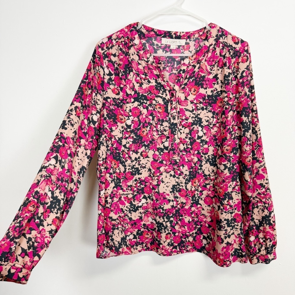 Loft Blouse Womens Medium Pink Floral Print Long Sleeve Half Button Top - Picture 2 of 10